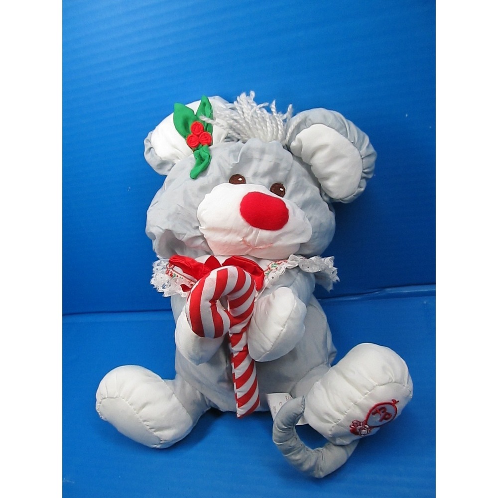 Vtg Fisher Price Puffalump White Christmas Mouse Candy Cane Bow Plush 8036 12"